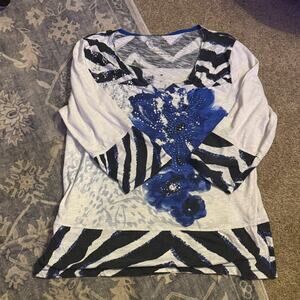 Onque Casuals White and Blue Artistic Blouse
